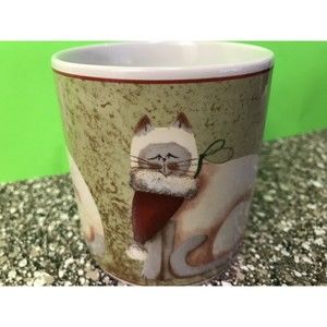 Sakura, Christmas Cats Stoneware Mug, White Cats/Upside Down Santa Hat, 12 oz.